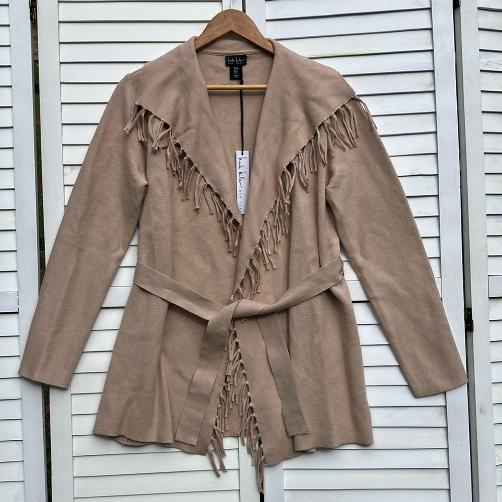 Nicole Miller Fringe Open Sweater Cardigan Beige Belted Long Sleeve NWT